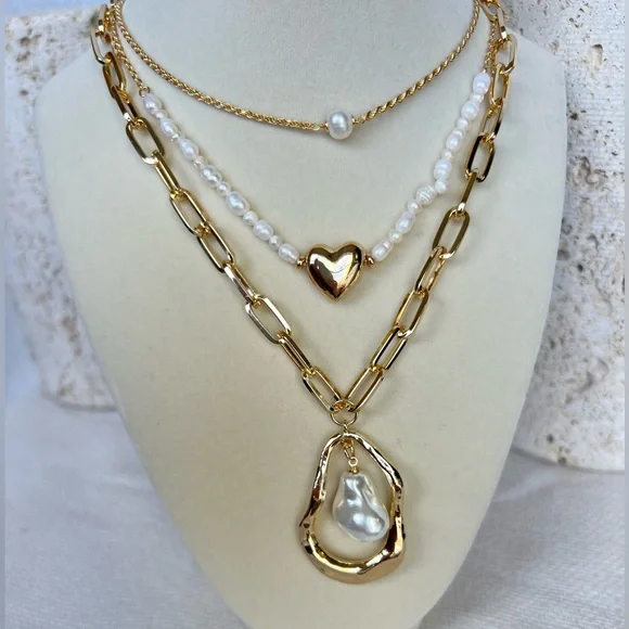 Gold and Pearl Pendant Paperclip Necklace 18in + 3in Layering Necklace NWT - Picture 3 of 8